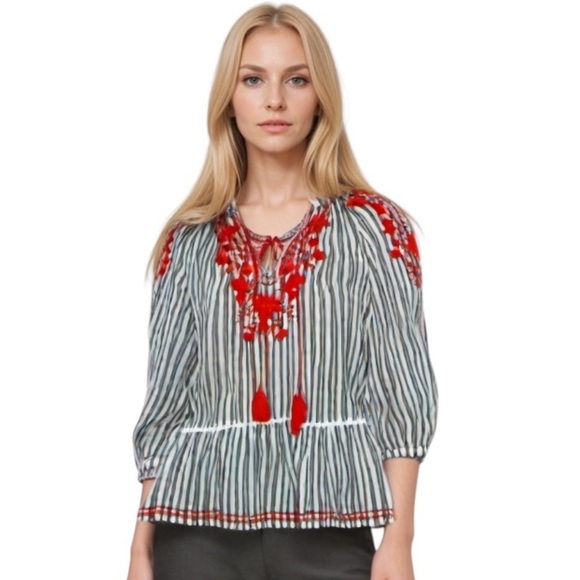 Kate Spade Broome Street Embroidered Striped Boho Peasant Blouse Tassel Top - Picture 11 of 11